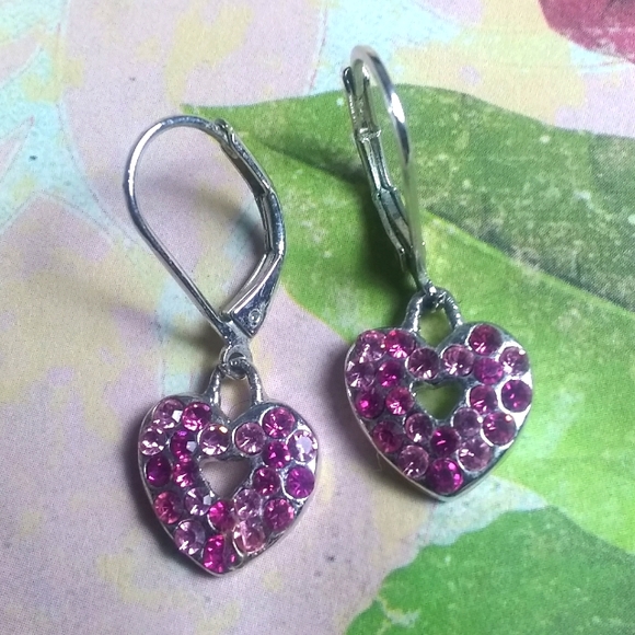 💜 Pink Crystal Heart Love More Leverback Earrings - Picture 3 of 4